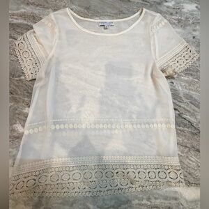 August Silk Options Ivory Sheer Lace Trim Top Size M Short Sleeve Blouse